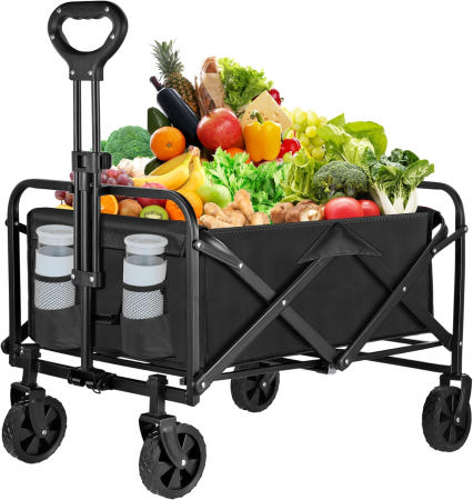 [해외]접이식 왜건 카트 음료 홀더가 있는 유틸리티 비치 정원 쇼핑 야외 캠핑용 대용량 보호 식료품 왜건(블랙 250파운드) Black 250lbs