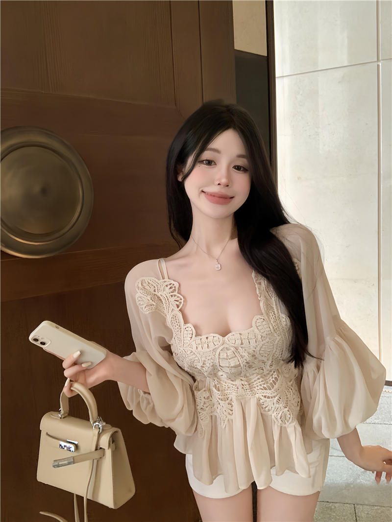 스퀘어넥 레이스 자수 쉬폰블라우스 - 상세 이미지 2