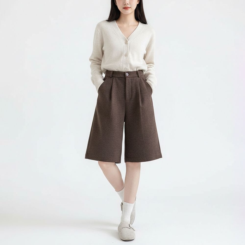 여성 겨울 울 반바지 5부 하이웨스트 와이드 핀턱 모직 팬츠 A라인 bying24 - 상품 이미지