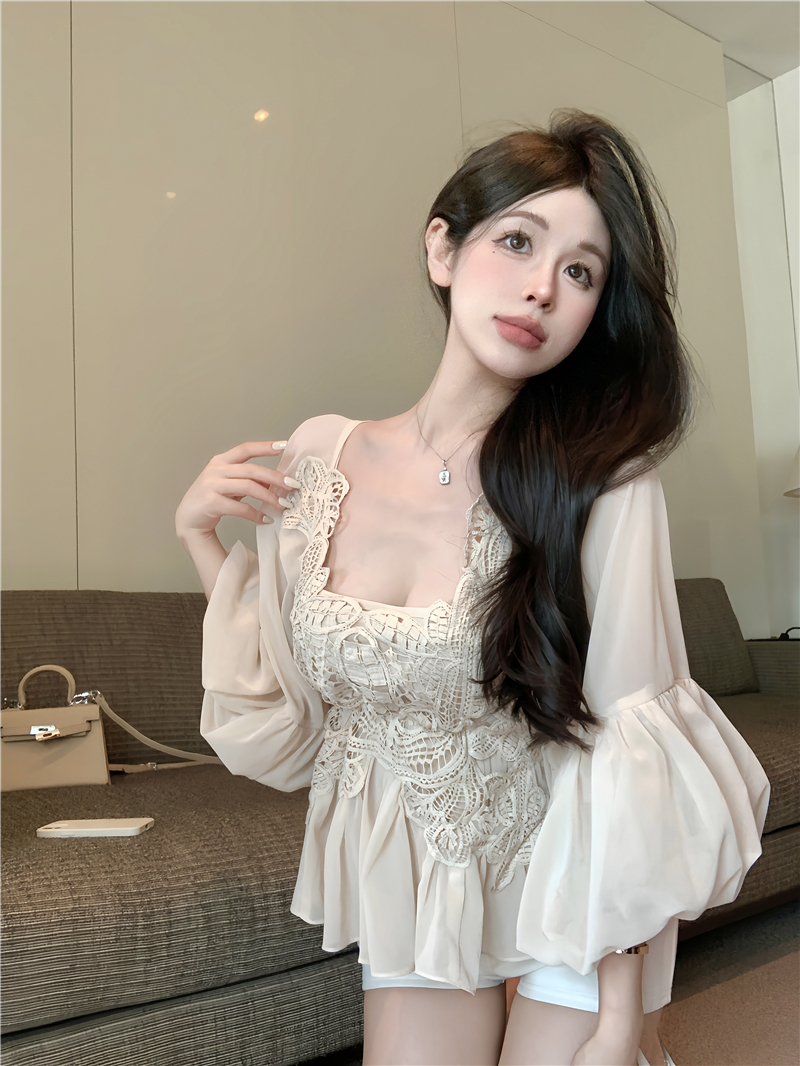 스퀘어넥 레이스 자수 쉬폰블라우스 - 상세 이미지 4