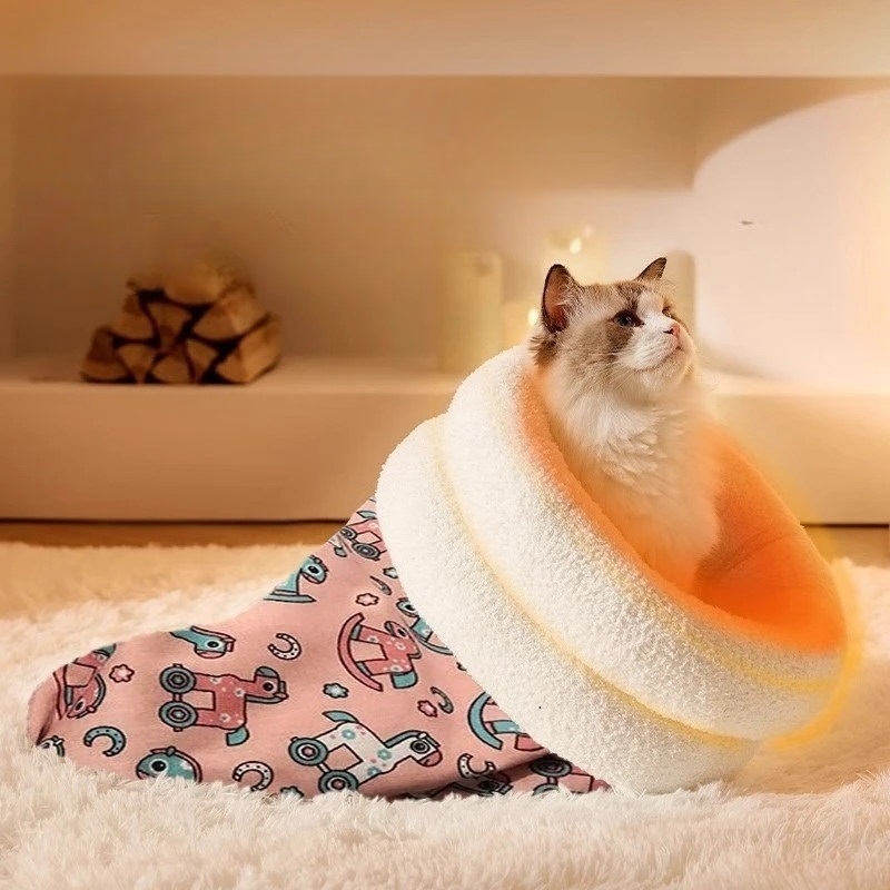겨울 고양이 침낭 강아지 침대 포근한 극세사 보온 스카이블루 토끼무늬 반려동물 아늑한 - 상세 이미지 2