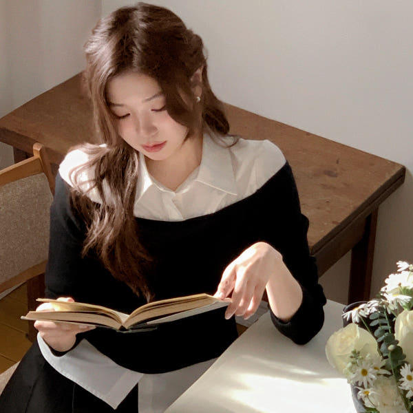 아뜨랑스 레이어드 배색 오프숄더 니트 카라 셔츠 BS8618