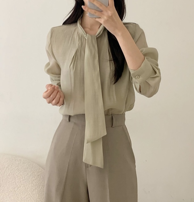 헬가 타이블라우스 면접 리본 스카프 출근룩 레이어드 시스루 쉬폰 셔츠 블라우스 - 상세 이미지 3
