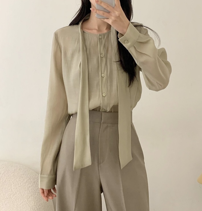 헬가 타이블라우스 면접 리본 스카프 출근룩 레이어드 시스루 쉬폰 셔츠 블라우스 - 상세 이미지 4