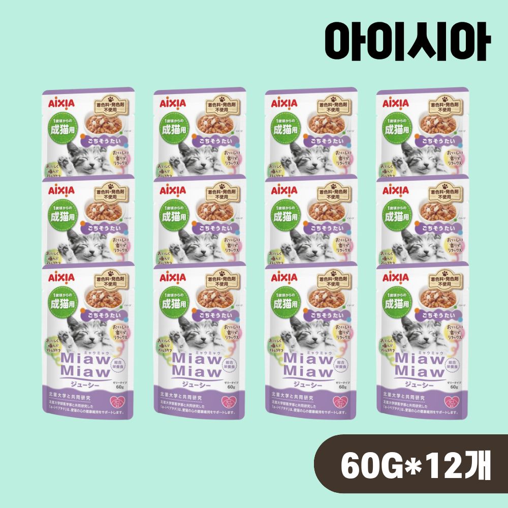 아이시아 먀우먀우 쥬시 파우치 고양이 습식 도미, 60g, 12개 - 상품 이미지