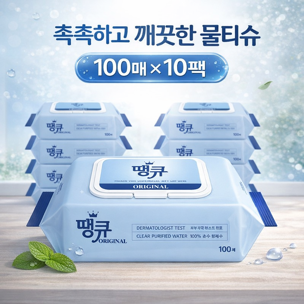 [캡형 100매 X 10팩] 도톰한 땡큐 오리지널 대용량 캡형 물티슈 아기 엠보싱 물티슈 - 상품 이미지