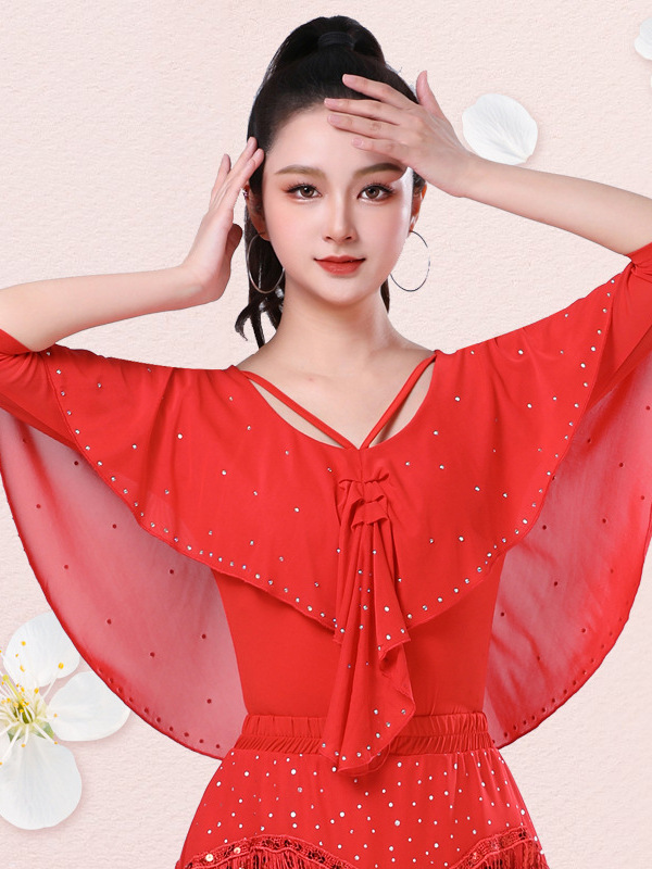 여성 라틴댄스복 모던 줌바 방송 왈츠 댄스상의 라인 블랙 미드슬리브 l - 상세 이미지 5