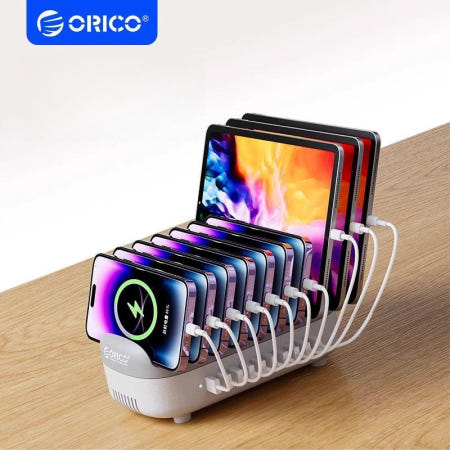 [해외]USB 멀티 충전기 10포트 업소용 접지 지원 슬림한 10포트 USB 화이트 120W 쿨링팬 포함