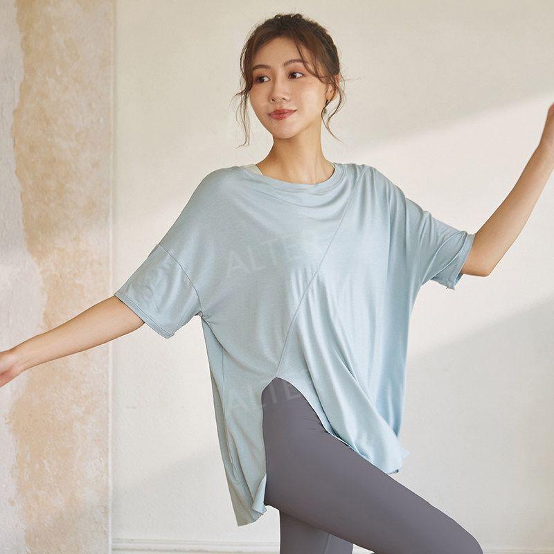 옆트임 요가 롱티 커버업 힙 반팔티셔츠 복부 오버핏 블루+티타늄 그레이 S - 상품 이미지