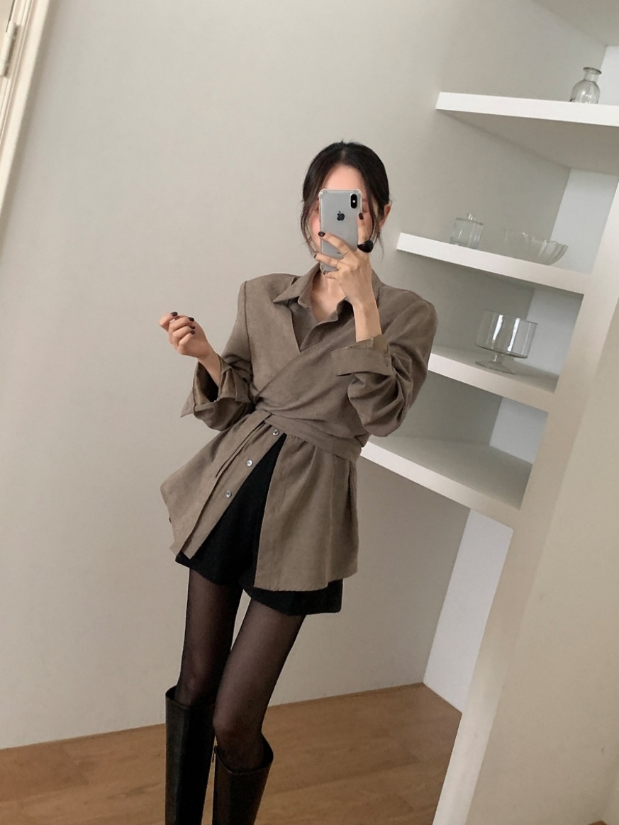 여성 봄 간절기 랩스타일 셔츠 블라우스 허리끈 루즈핏 데일리룩 - 상세 이미지 3
