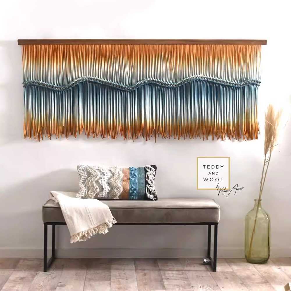 마크라메 커튼 벽 태피스트리 행잉 데코 그라데이션 130x55cm 오렌지 - 상세 이미지 5