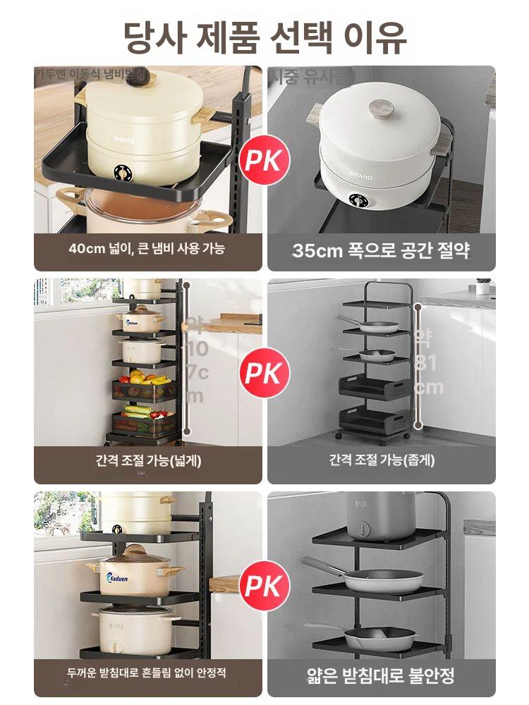 후라이팬수납 냄비 정리대 다용도 주방선반 A 조절 피아노블랙 5칸 4판 1바구니 - 상세 이미지 2