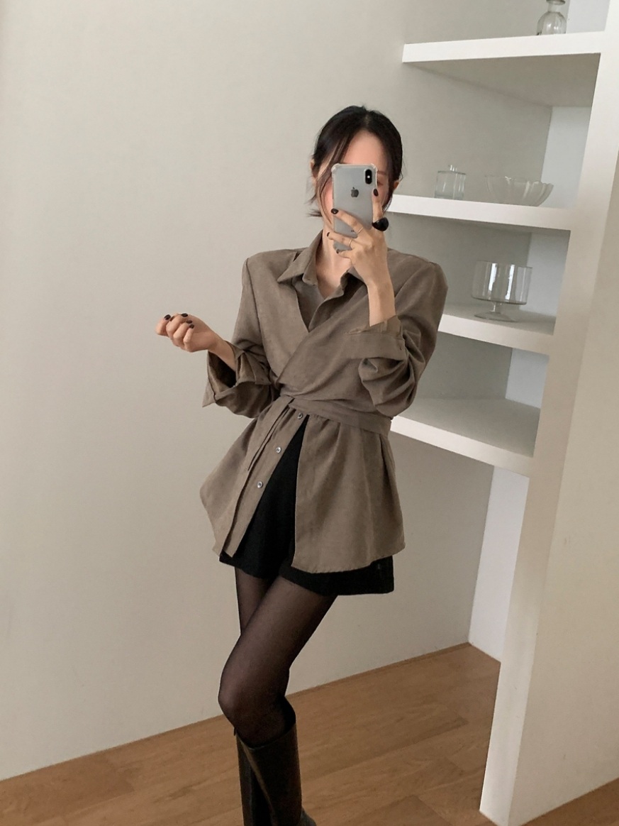 여성 봄 간절기 랩스타일 셔츠 블라우스 허리끈 루즈핏 데일리룩 - 상품 이미지