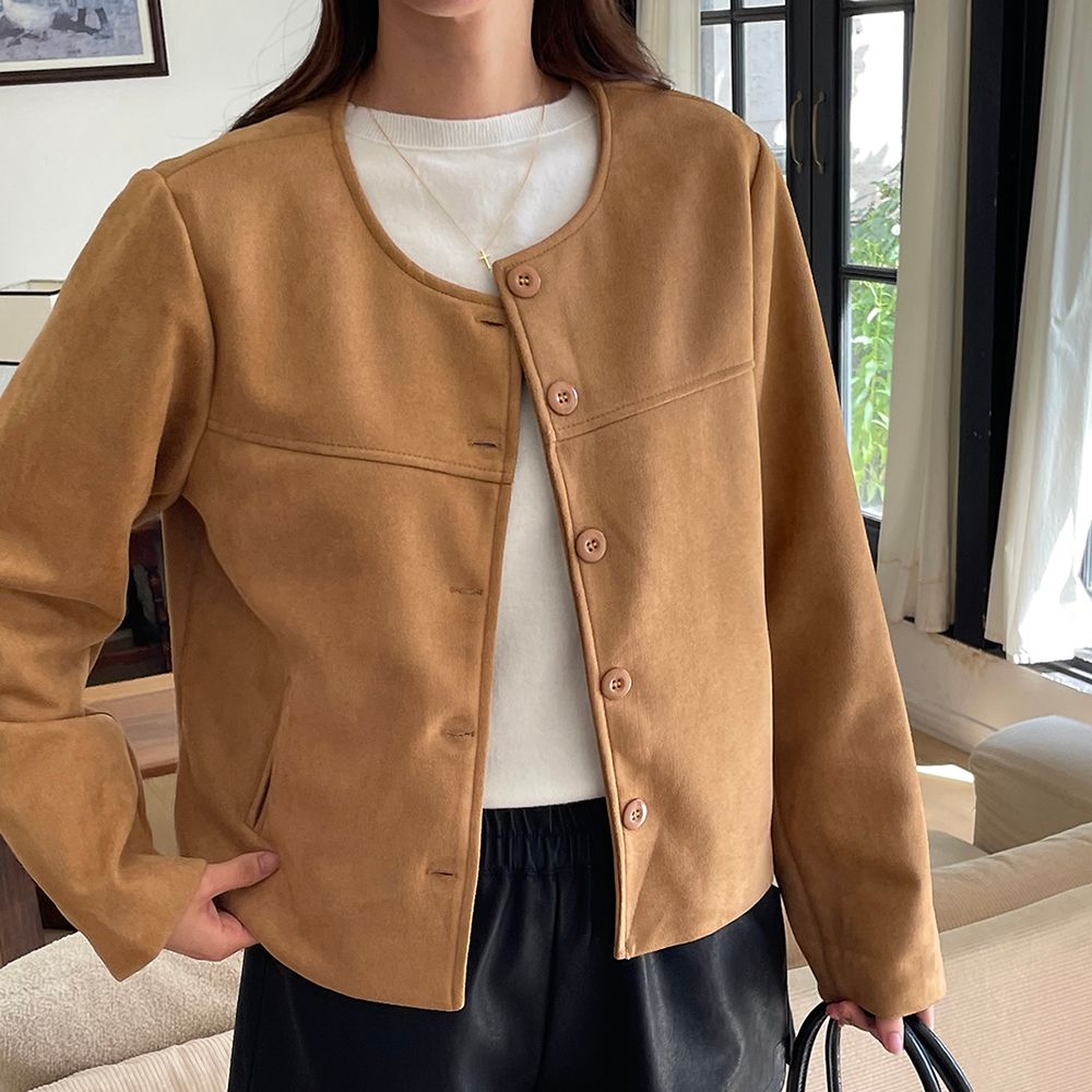 루즈핏 라운드넥 세미 크롭 스웨이드 자켓 노카라 재킷 숏 여자 재킷 여성 가을자켓 - 상세 이미지 2
