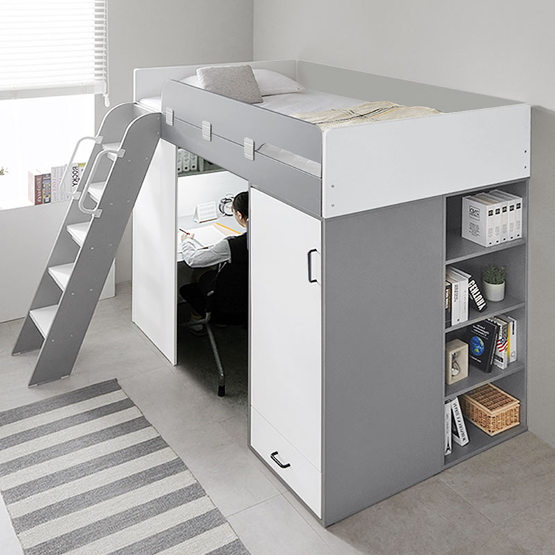 e스마트 올인원 2층 성인 옷장형 벙커침대 세트SS+LED스탠드포함