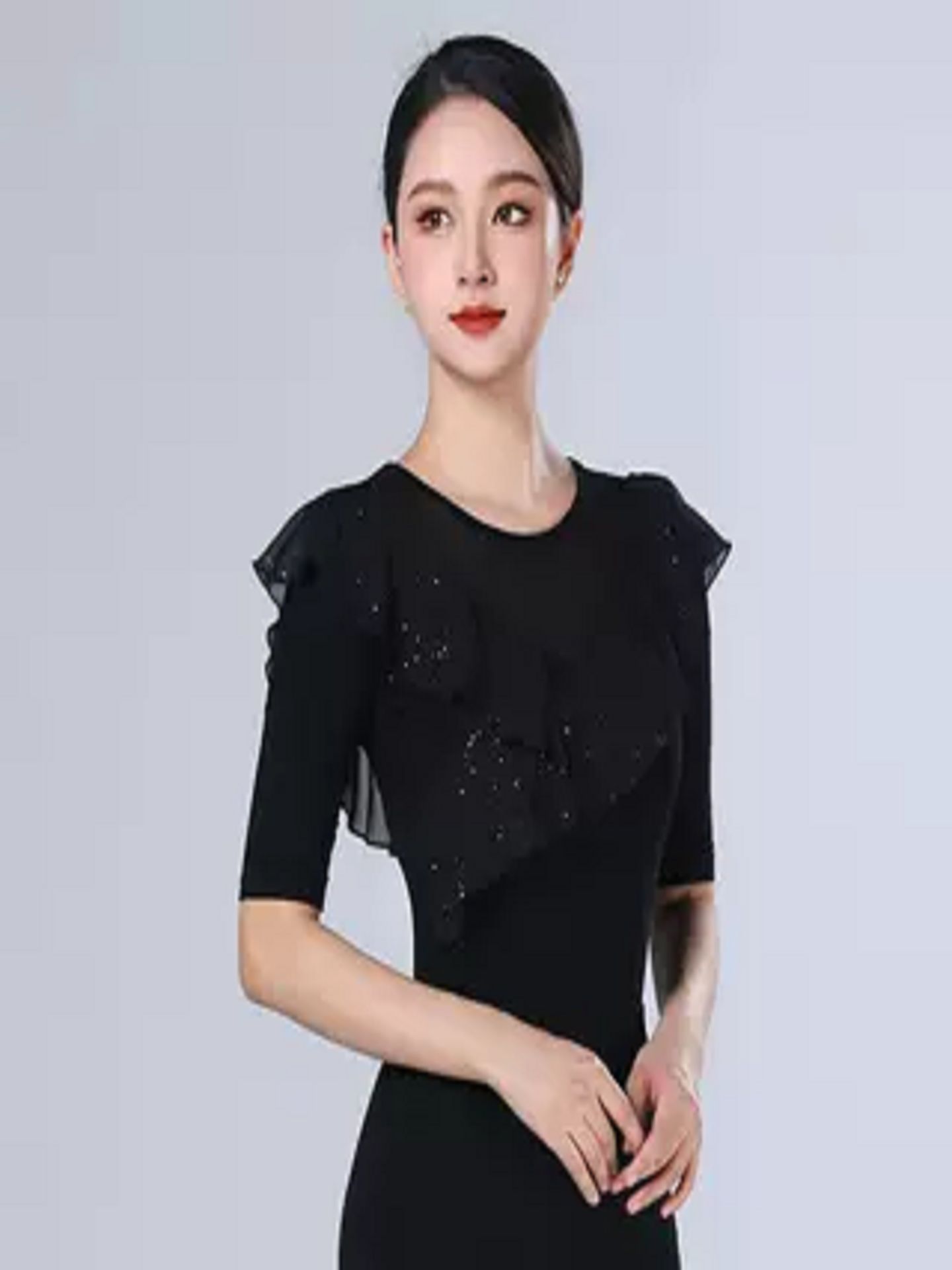 사교댄스복 모던 라인 방송 댄스상의 왈츠 여성 라틴댄스 미드슬리브 와인레드 러플 투피스 s - 상세 이미지 4