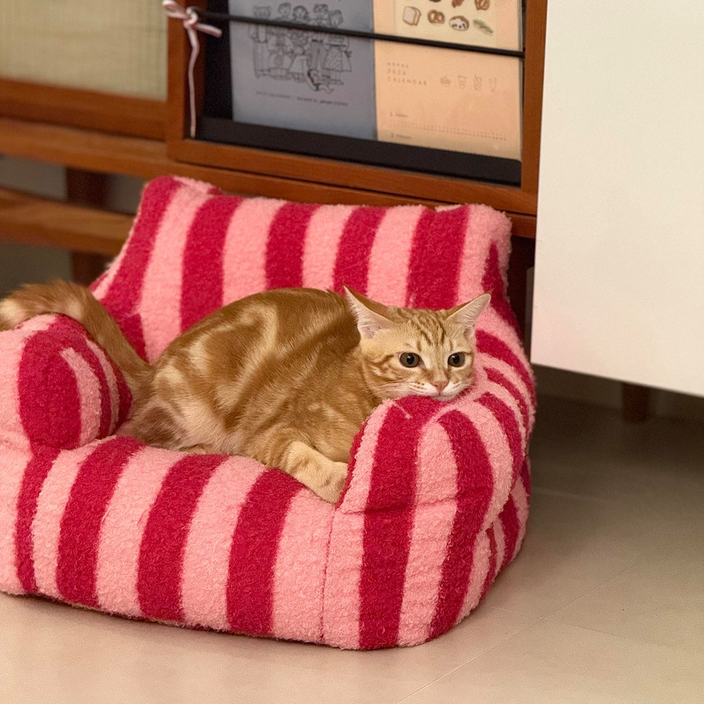 스트라이프 고양이 소파 푹신하고 부드러운 극세사 재질 팔걸이 등받이형 안락한 커버 분리 - 상세 이미지 2