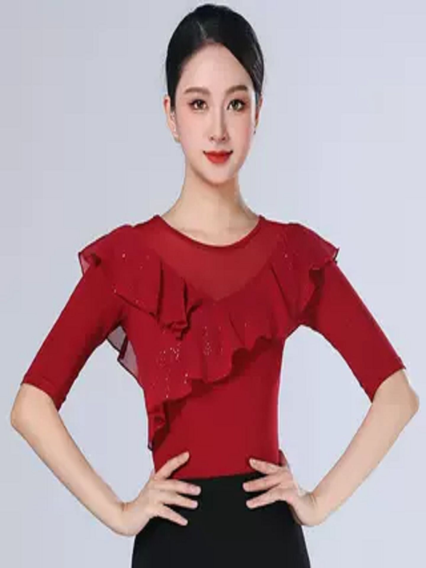 사교댄스복 모던 라인 방송 댄스상의 왈츠 여성 라틴댄스 미드슬리브 와인레드 러플 투피스 s - 상세 이미지 3