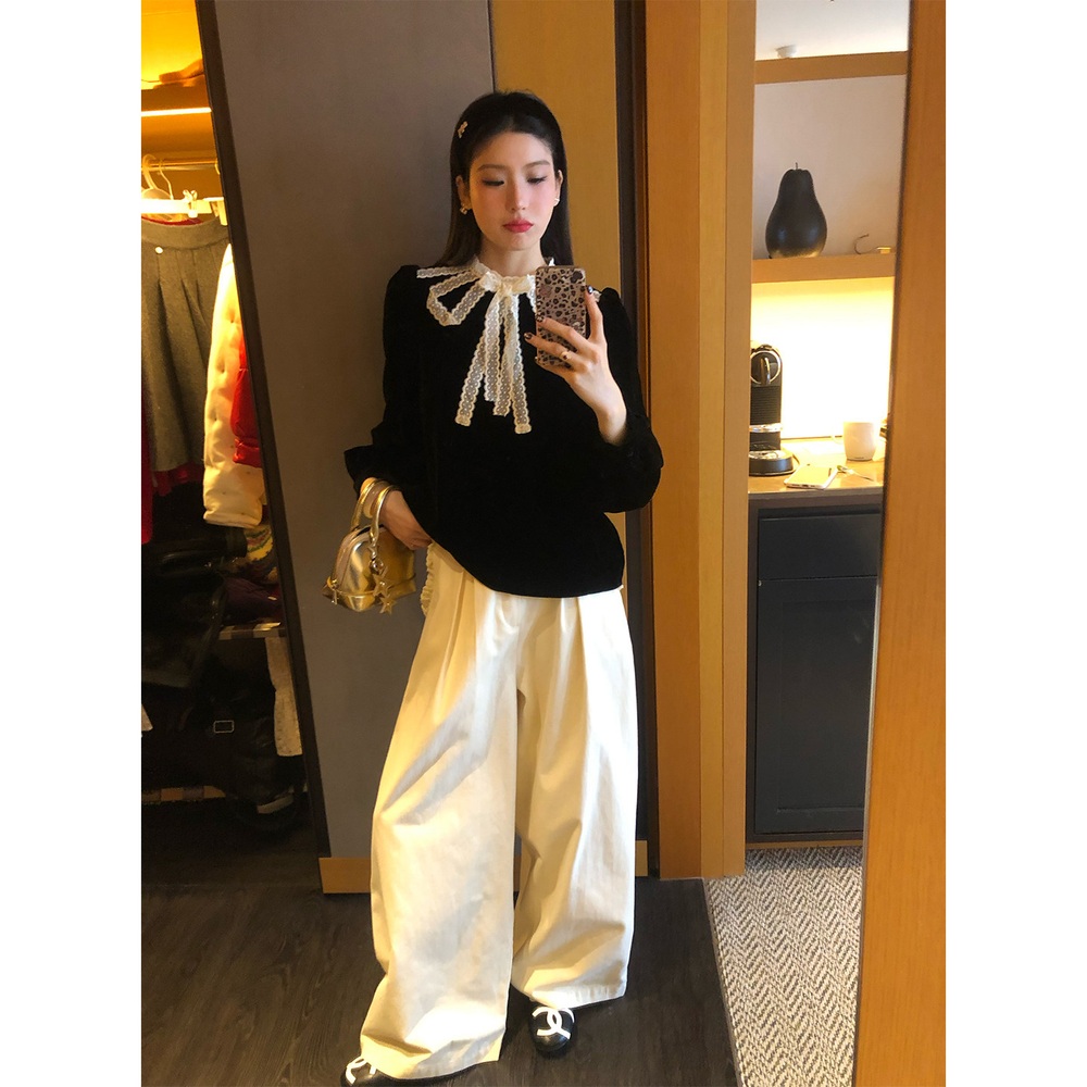 레이스포인트 핀턱 면와이드팬츠 하이웨스트 패션 코디 느좋녀 데일리 봄가을 화이트베이지 - 상세 이미지 4