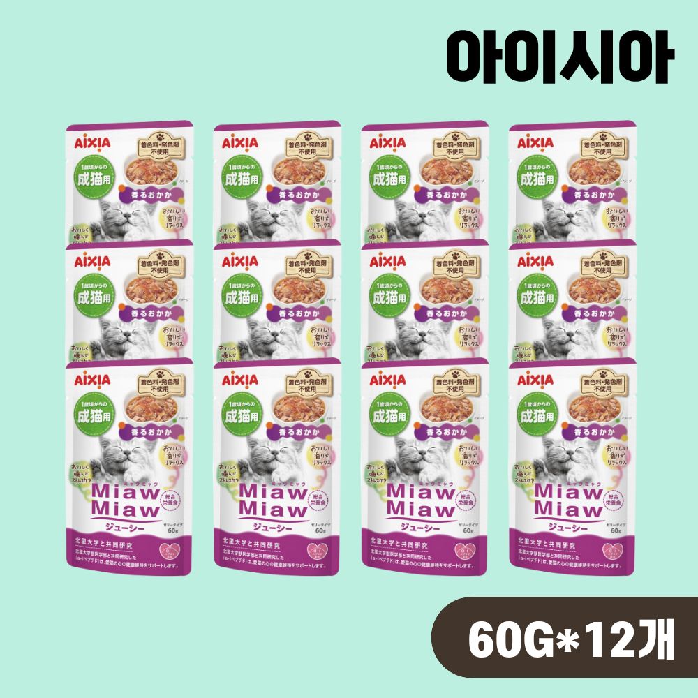 아이시아 먀우먀우 쥬시 파우치 고양이 습식 가다랑어포플러스, 60g, 12개 - 상품 이미지