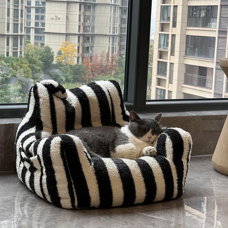 스트라이프 고양이 소파 푹신하고 부드러운 극세사 재질 팔걸이 등받이형 안락한 커버 분리 - 상세 이미지 5