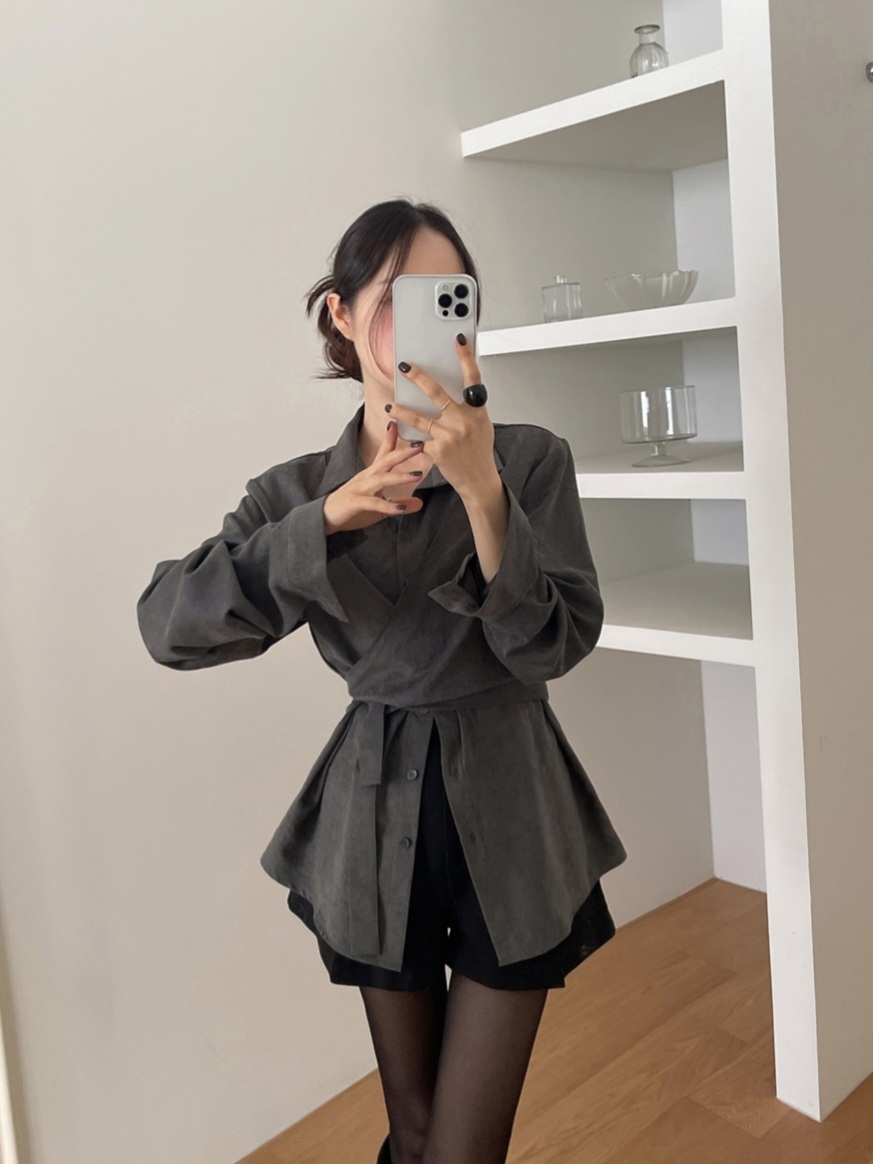 여성 봄 간절기 랩스타일 셔츠 블라우스 허리끈 루즈핏 데일리룩 - 상세 이미지 2