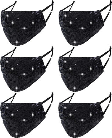 [해외]DFFGGD 6개 세탁 가능한 글리터 블링 여성용 마스크. 통기성 재사용 조절 패션 마스크 포켓 포함. Black