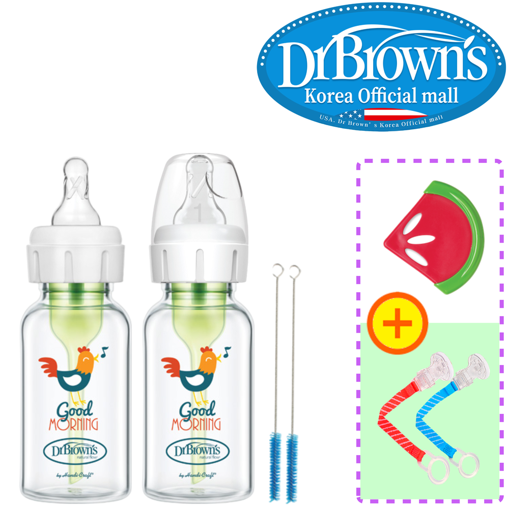 닥터브라운 오피셜 / 유리 데코 젖병 내로우넥 120ml 2개, 1단계꼭지, 치발기 옵션선물 상품 이미지
