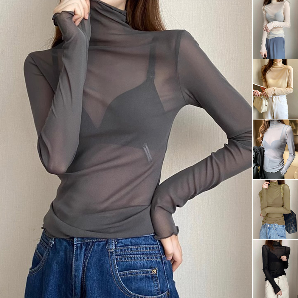 시스루티셔츠 레이어드티 반 목 폴라 쫄티 여름 얇은 긴팔 - 상품 이미지