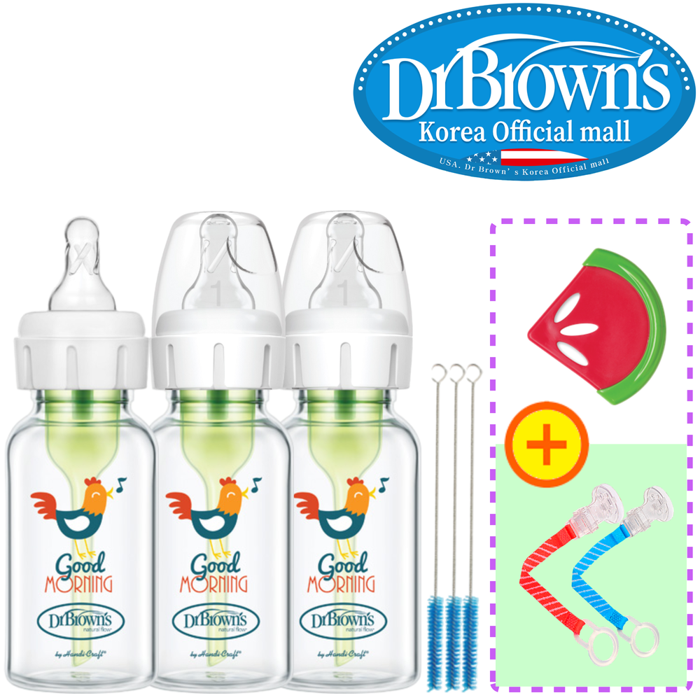 닥터브라운 오피셜 / 유리 데코 젖병 내로우넥 120ml 3개, 1단계꼭지,치발기 옵션선물 - 상품 이미지