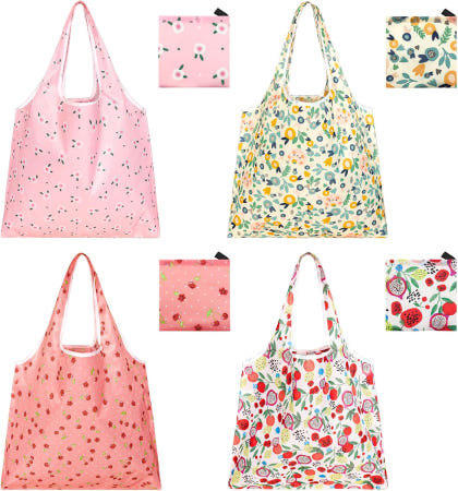 GAUENEEN [해외]가우엔 4개 재사용 가능한 식료품 가방 접이식 쇼핑백 튼튼한 사이즈 일상 쇼핑을 위한 대형 나노백 귀여운 토트백 방수 및 세탁기 사용 가능 (꽃)