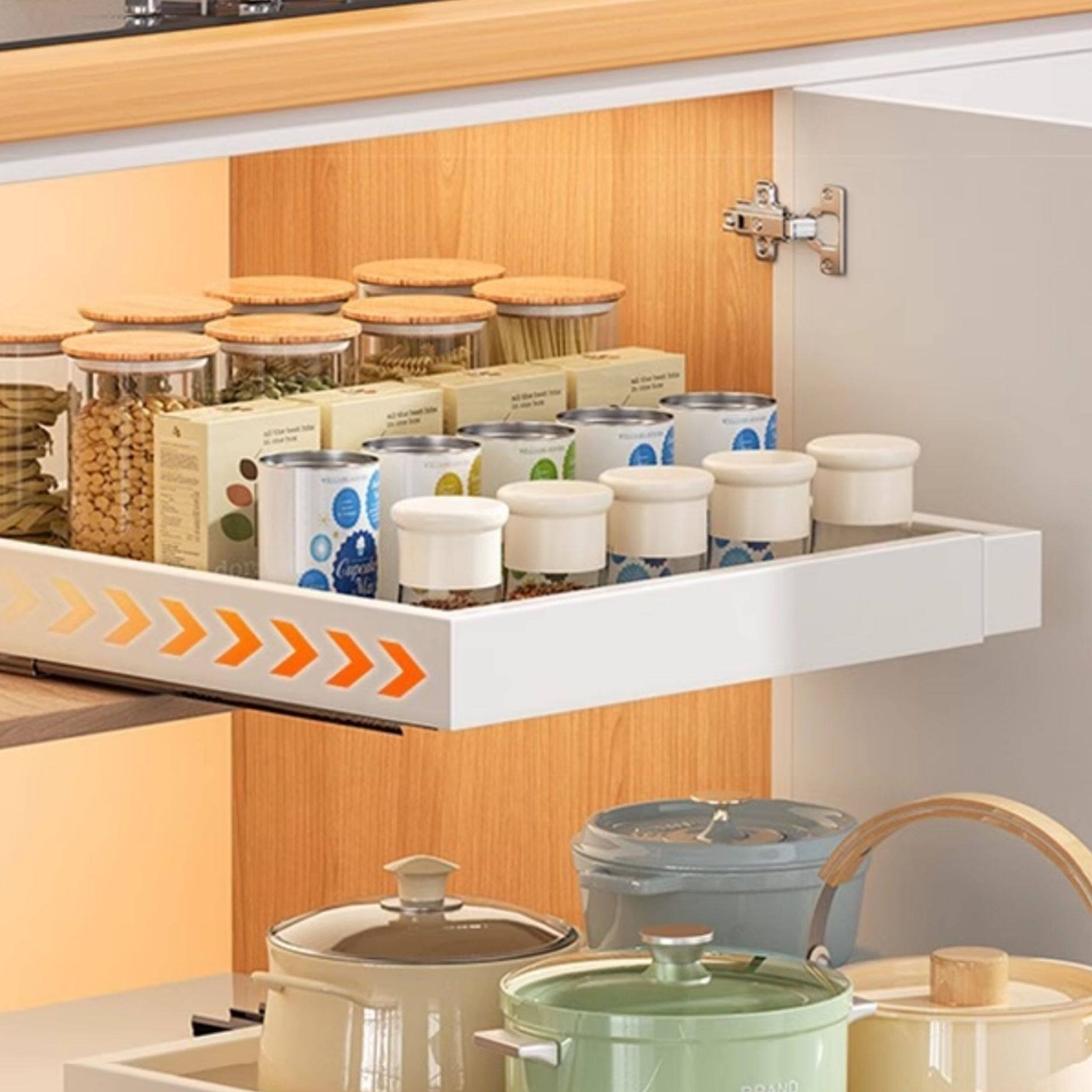 길이조절 슬라이딩 선반 주방 싱크대 하부장 정리 수납 양념통 화이트 제품 이미지