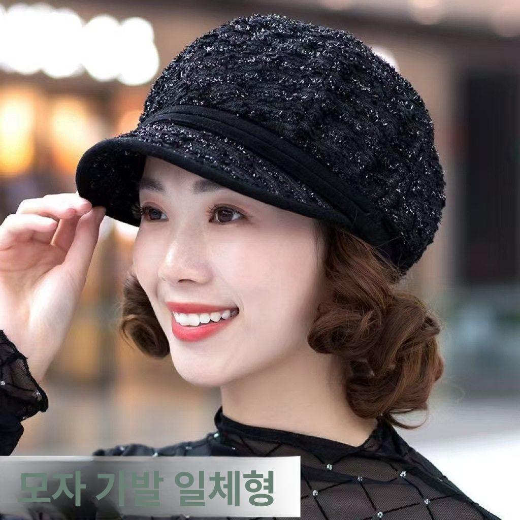 단발 가발 머리카락 달린 여성 항암 모자 일체형 블랙 모자-블랙브라운 가발 - 상세 이미지 2
