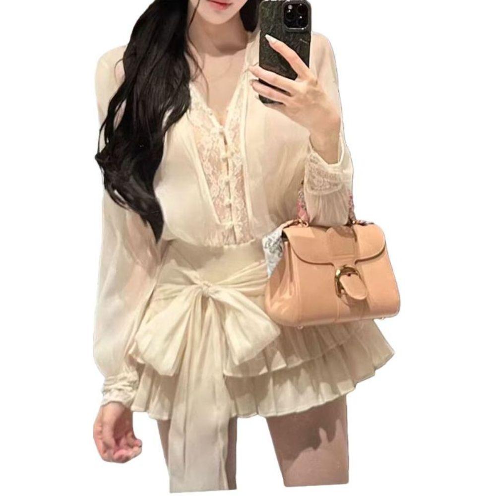 여성 레이스 브이넥 가을 투피스 세트 블라우스 허리 스커트 데이트룩 러플 아이보리 세트 S - 상세 이미지 2