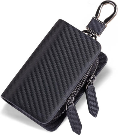 [해외]비소울 자동차 키 케이스 홀더 더블 지퍼 가죽 스마트 키포브 남녀용 키체인 포함 Carbon Fiber Carbon Black