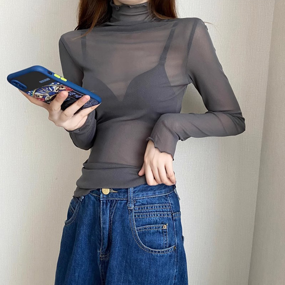 시스루티셔츠 레이어드티 반 목 폴라 쫄티 여름 얇은 긴팔 - 상세 이미지 4