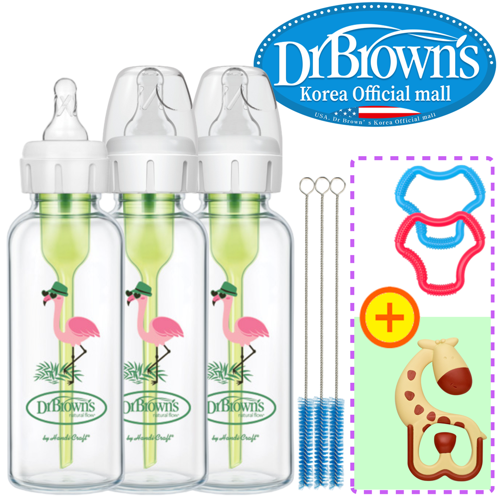 닥터브라운 오피셜 / 유리 데코 젖병 내로우넥 250ml 3개, 2단계꼭지,치발기 옵션선물 - 상품 이미지