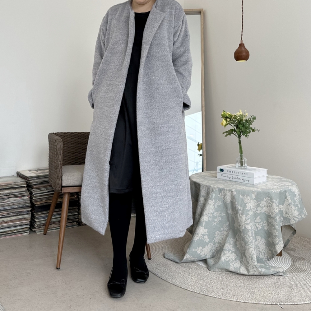 빅사이즈 자체제작 롱 오픈형 코트 울 모직 헤링본 비스코스 니트 가디건 오버핏 라운드넥 제품 이미지