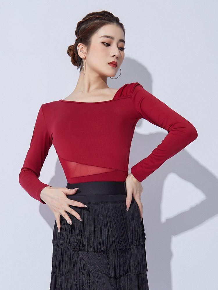 라틴 댄스복 여성 상의 사교 연습복 살사 무용 티셔츠 의상 - 상세 이미지 4