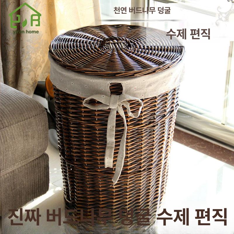 라탄 수건 정리함 바스켓 대형 다용도 보관함 빨래바구니 화이트 뚜껑 포함 블루 앤 화이트 체크 패브릭 소형 입구 지름 30cm 높이 34cm - 상세 이미지 3
