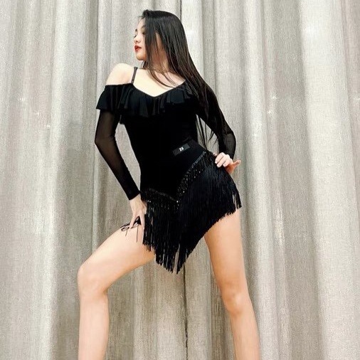 여성 라인댄스복 수술치마 짧은 비대칭 라틴댄스 연습복 공연복 줌바 살사 차차차 스팽글 - 상세 이미지 2