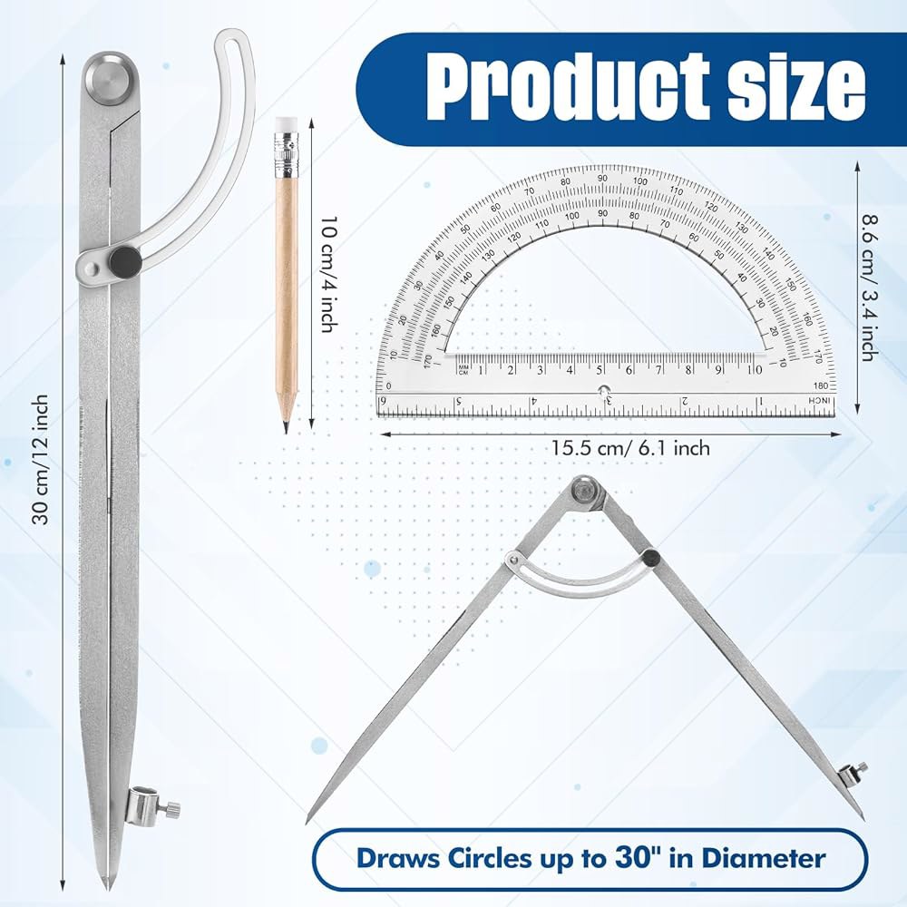 Zonon 목공용 날개가 있는 전문가용 30.5cm(12인치) 대형 나침반 및 15.2cm(6인치) 각도기 세트, 기하학 수학 목수, 제도, 드로잉 도구용 연필 - 상세 이미지 3