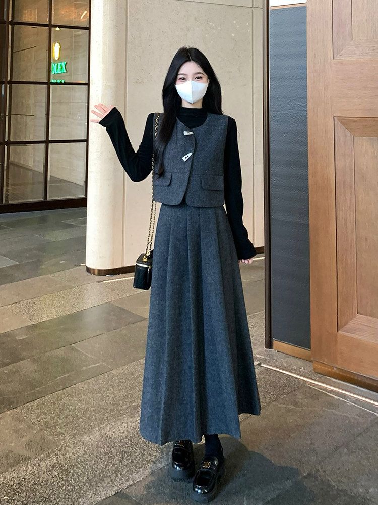 쓰리피스 여성정장세트 투피스 갈색 스커트 S 셋업 캐주얼 조끼 가을 롱 싱글탑 한국식 의상 M - 상세 이미지 3