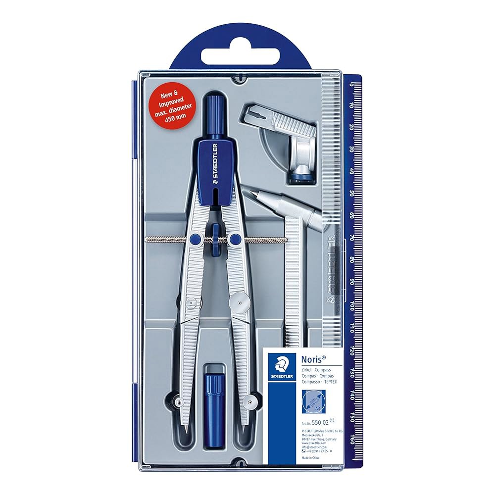 스테들러 Staedtler 노리스 클럽 Noris Club 550 02 학생용 콤파스 컴퍼스, 중앙 휠 세트, 연장 바, 범용 어댑터 및 연필심 박스 포함 - 상품 이미지