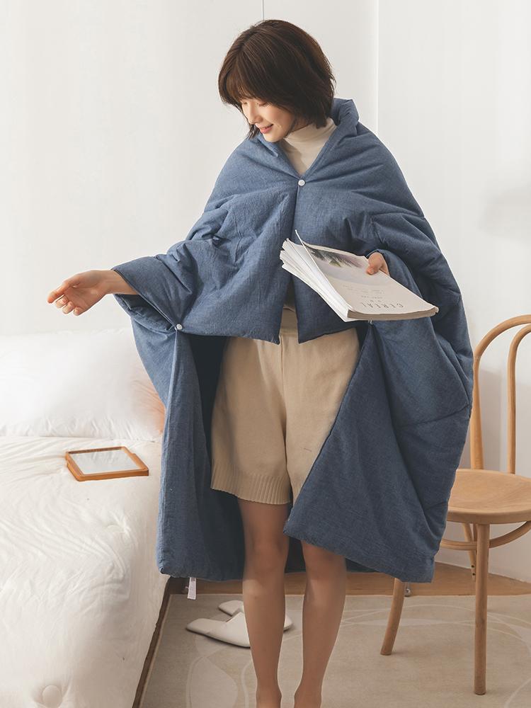 입는 담요 차박 경량 보온 블랭킷 교실 부드러운 사무실 블루 스몰 체크 베개 - 상품 이미지