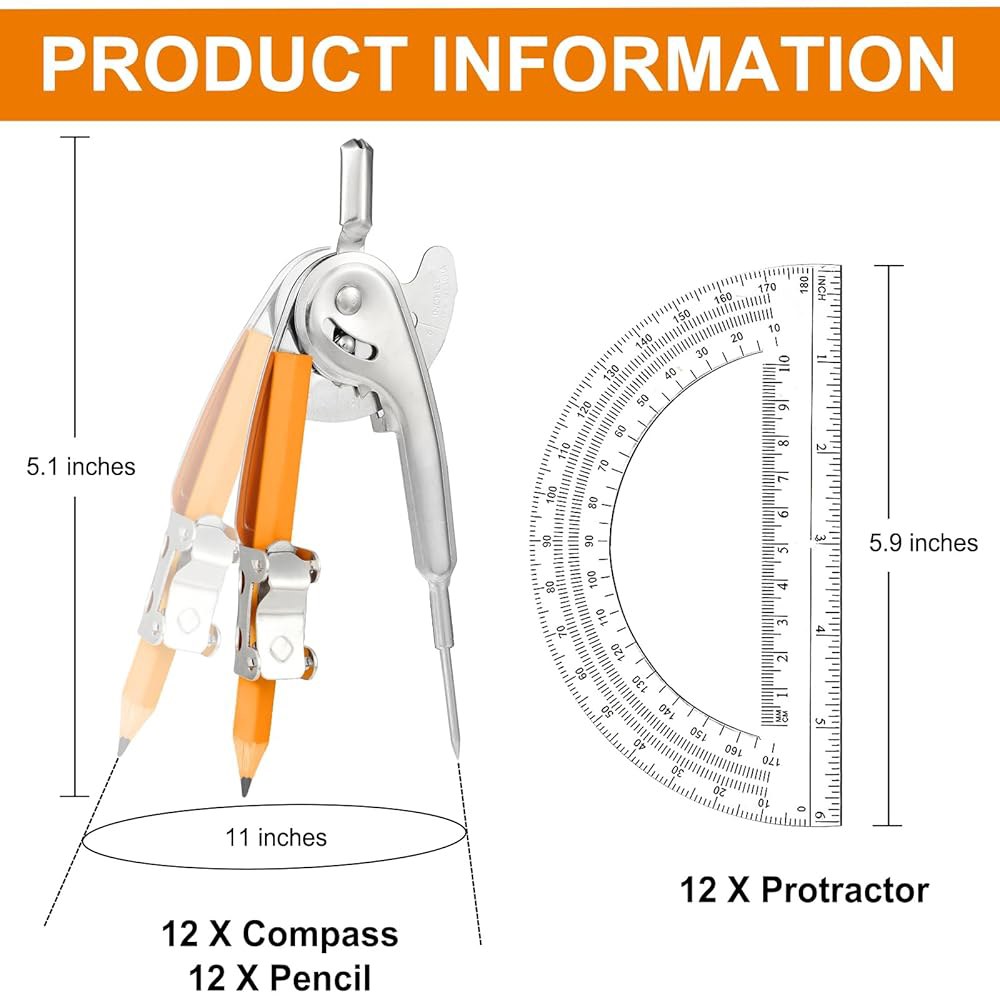 나침반 기하학 도구 24개 15.2cm(6인치) 수학 및 각도기 세트, 연필 각도기가 있는 금속 포함, 학생, 교실, 사무실, 목공 아트 드로잉용 24 Pack - 상세 이미지 3