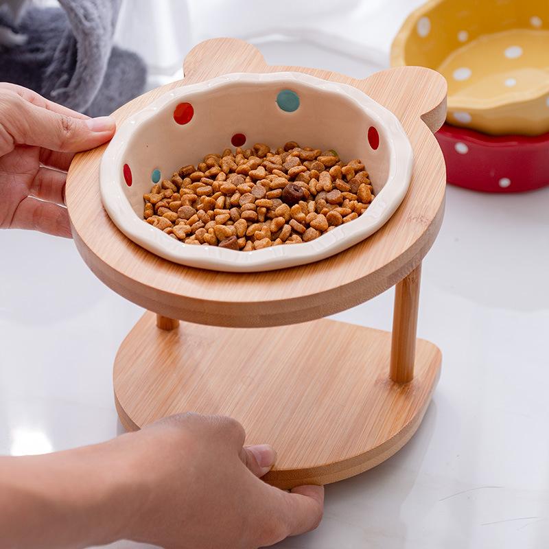 고양이 받침대 수반 테이블 밥그릇 경사 높이조절 물그릇 베이지 화이트 비즈 + 둥근귀 나무 1개 세라믹 볼 - 상세 이미지 4