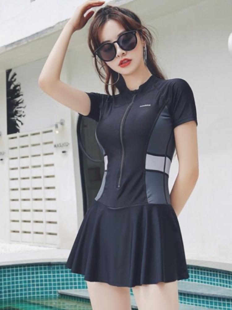 호캉스 호텔수영장 치마 투피스 실내수영장수영복 오프숄 어두운 그레이 M - 상세 이미지 2