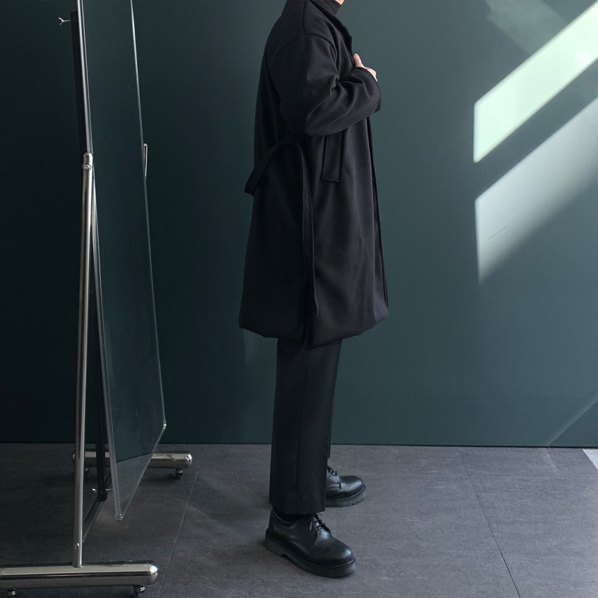 남자 오버핏 싱글 벨티드 울 모직 코트 봄 가을 겨울 남성 반코트 빅 사이즈 울 트렌치 발마칸 이미지 7