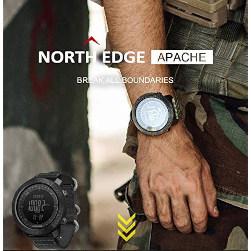 North Edge Apache 남성용 전술 있는 컴퍼스 스포츠 밴드, 걸음 밀리터리 아웃도어 시계, 디지털 칼로리 시계 (블랙) 락 내구성 서바이벌 트래커 만보계 솔리드 - 상세 이미지 3